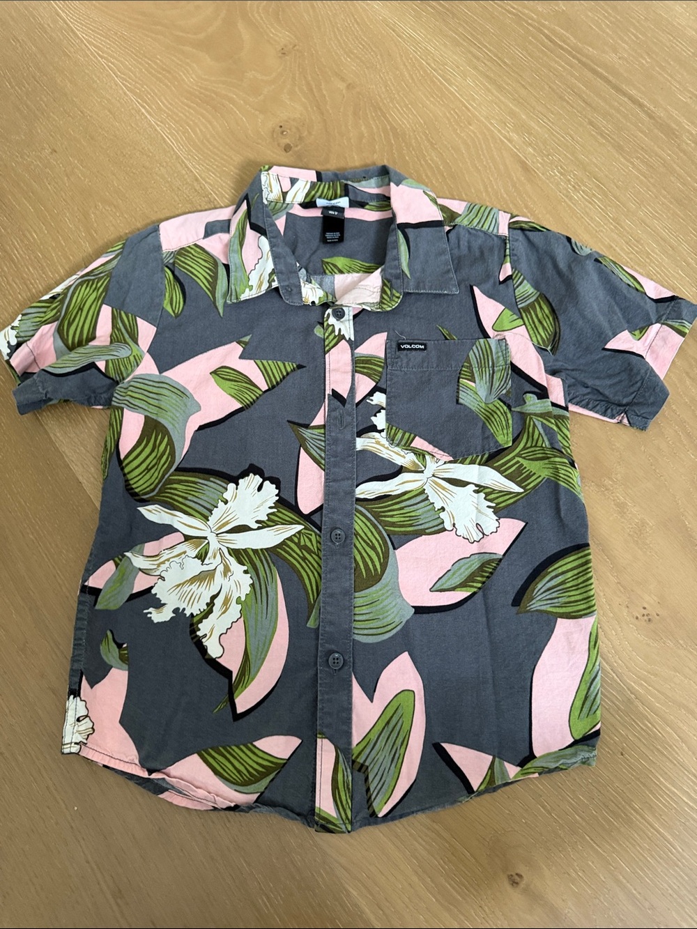 Volcom Short Sleeve Button-Down Shirt - Pink, Gray & Green